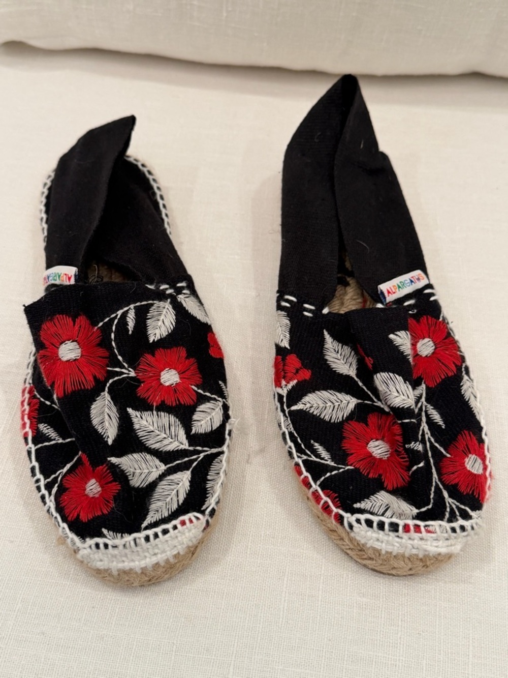Black Canvas Espadrilles with Red Floral Embroidery